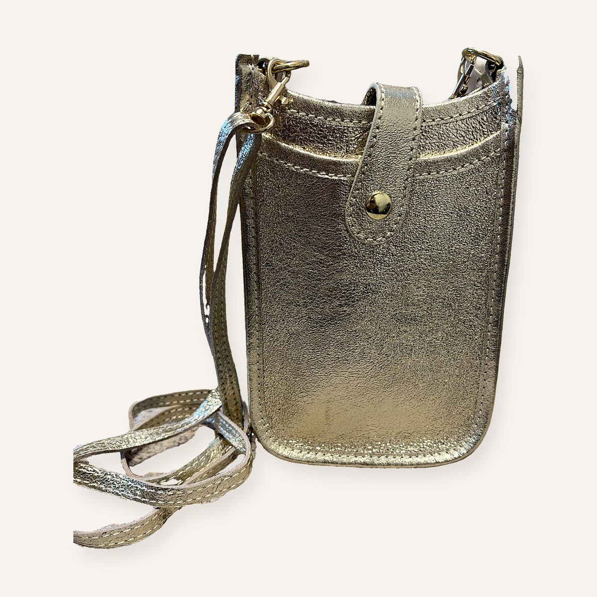 Leren telefoontasje crossbody met drukknoop goud